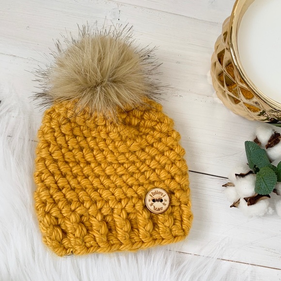 Crochet, Mustard Vegan Hat, Removable Pompom ,Winter hat, Toque, Baby Beanie - Picture 1 of 8